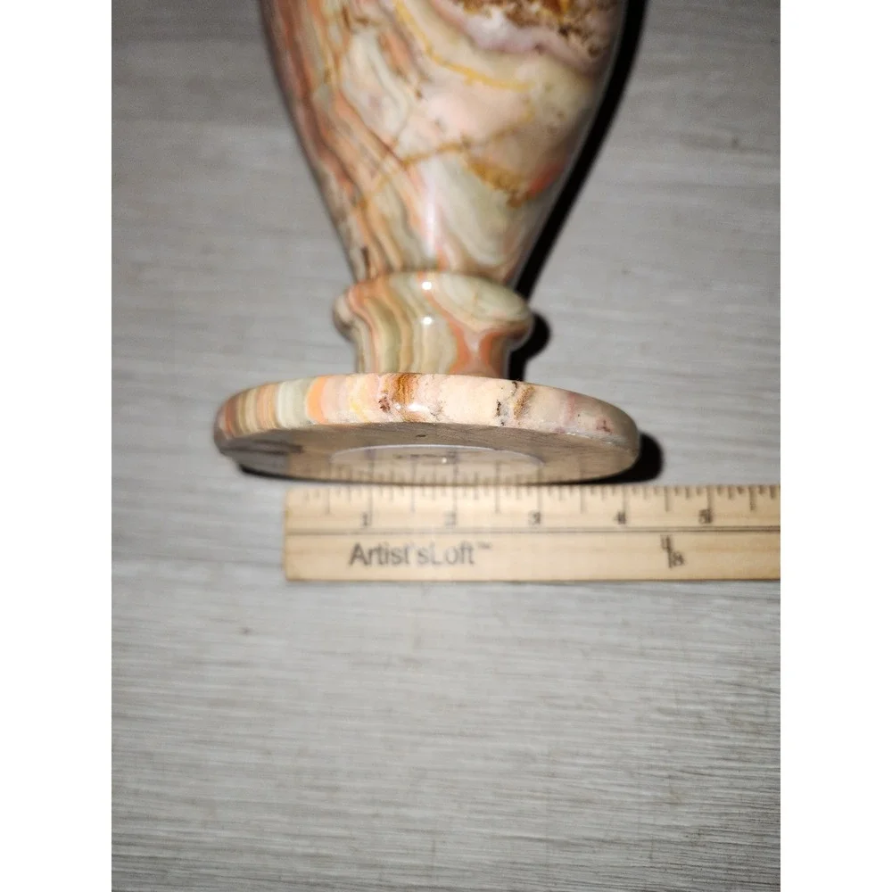 Vintage Hand Carved Polished Onyx Stone Vase Banded Pink Green Cream 5.25 Inch